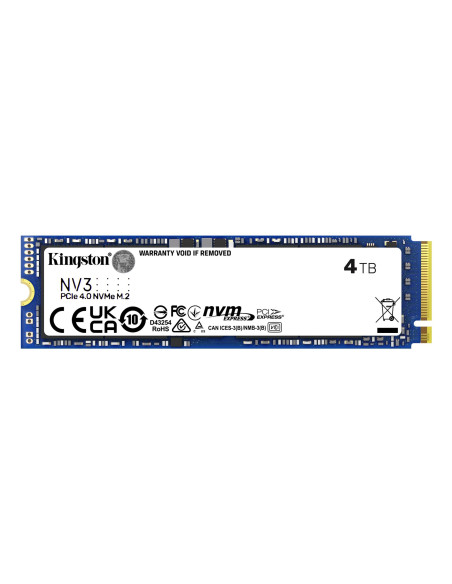 SSD, KINGSTON, NV3, 4TB, M.2, PCIE, 3D NAND, Write speed 5000 MBytes/sec, Read speed 6000 MBytes/sec, MTBF 200000 hours, SNV3S/