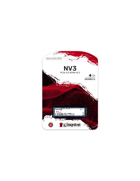 SSD, KINGSTON, NV3, 4TB, M.2, PCIE, 3D NAND, Write speed 5000 MBytes/sec, Read speed 6000 MBytes/sec, MTBF 200000 hours, SNV3S/