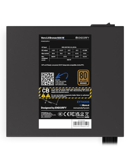 Power Supply, ENDORFY, Vero L5 Bronze 600 W, 600 Watts, Efficiency 80 PLUS BRONZE, MTBF 80000 hours, EY7A005