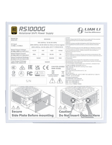 Power Supply, LIAN LI, EDGE GOLD 1000, ATX, 100 - 240 V, 1000 W, G9P.RS1000G.WH00.EU