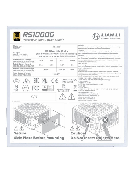 Power Supply, LIAN LI, EDGE GOLD 1000, ATX, 100 - 240 V, 1000 W, G9P.RS1000G.WH00.EU
