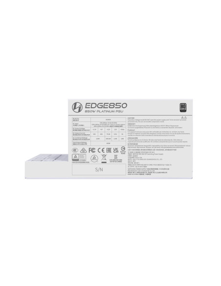 Power Supply, LIAN LI, EDGE850, 850 Watts, Efficiency 80 PLUS PLATINIUM, PFC Active, G9P.EG0850.WE00.EU