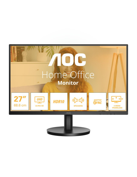 LCD Monitor, AOC, 27 ", 3840 x 2160 pixels, 4K Ultra HD, Native aspect ratio 16:9, LCD, Flat, U27B3A