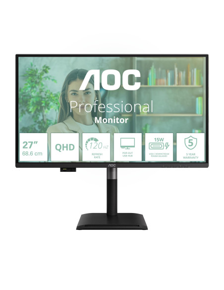 LCD Monitor, AOC, 27 ", 2560 x 1440 pixels, Wide Quad HD, Native aspect ratio 16:9, Flat, Q27P4U