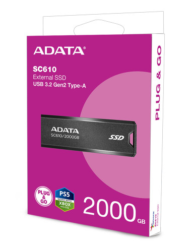 External SSD, ADATA, SC610, 2TB, USB 3.2, Write speed 500 MBytes/sec, Read speed 550 MBytes/sec, SC610-2000G-CBK/RD