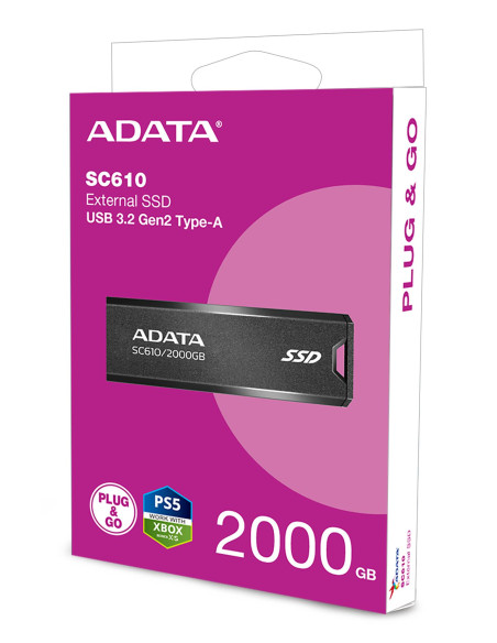 External SSD, ADATA, SC610, 2TB, USB 3.2, Write speed 500 MBytes/sec, Read speed 550 MBytes/sec, SC610-2000G-CBK/RD