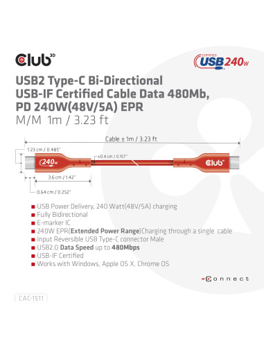 CABLE USB-C TO USB-C 1M/M/M CAC-1511 CLUB3D