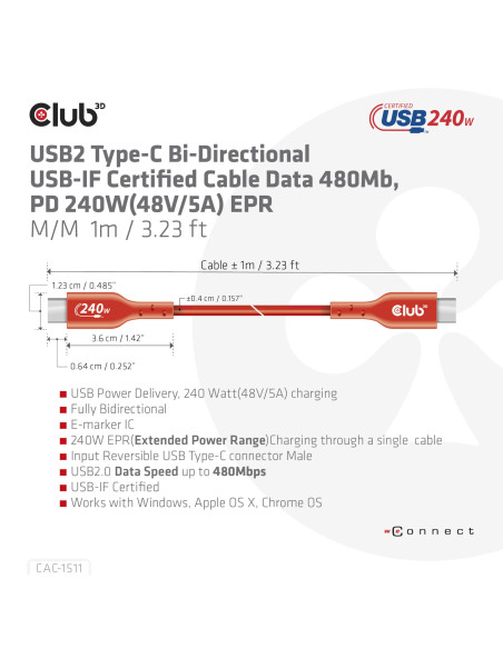 CABLE USB-C TO USB-C 1M/M/M CAC-1511 CLUB3D