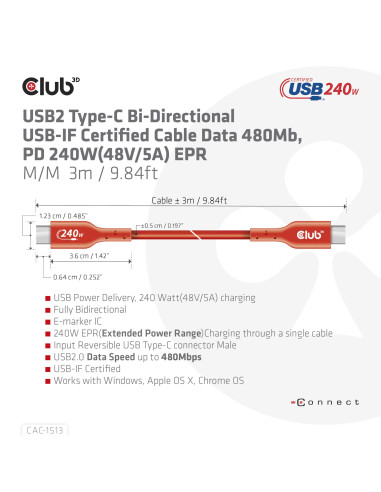 CABLE USB-C TO USB-C 3M/M/M CAC-1513 CLUB3D