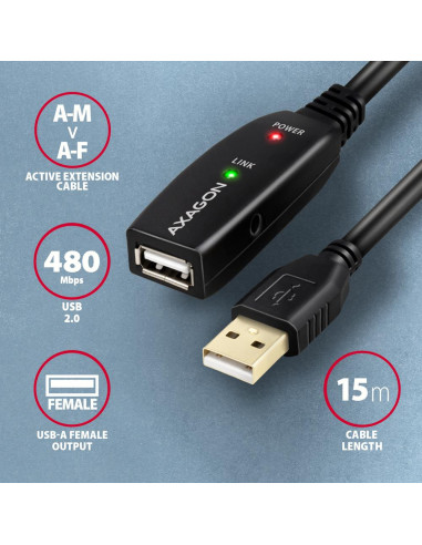 CABLE USB2.0 A-M/A-F ACTIVE/15M ADR-215 AXAGON