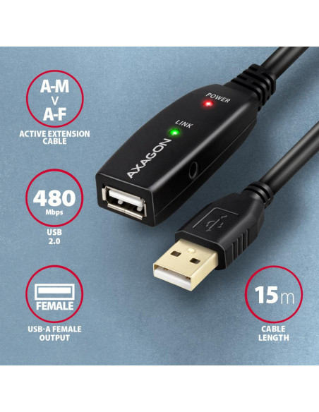 CABLE USB2.0 A-M/A-F ACTIVE/15M ADR-215 AXAGON