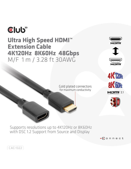 CABLE HDMI TO HDMI 1M/M/F CAC-1322 CLUB3D