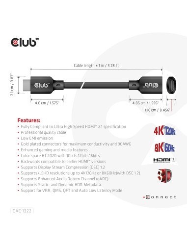 CABLE HDMI TO HDMI 1M/M/F CAC-1322 CLUB3D