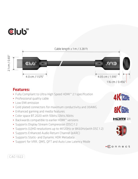 CABLE HDMI TO HDMI 1M/M/F CAC-1322 CLUB3D