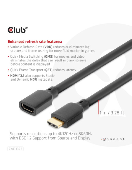 CABLE HDMI TO HDMI 1M/M/F CAC-1322 CLUB3D