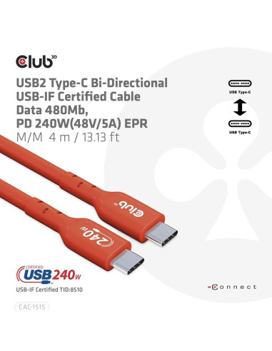 CABLE USB-C TO USB-C 4M/M/M CAC-1515 CLUB3D
