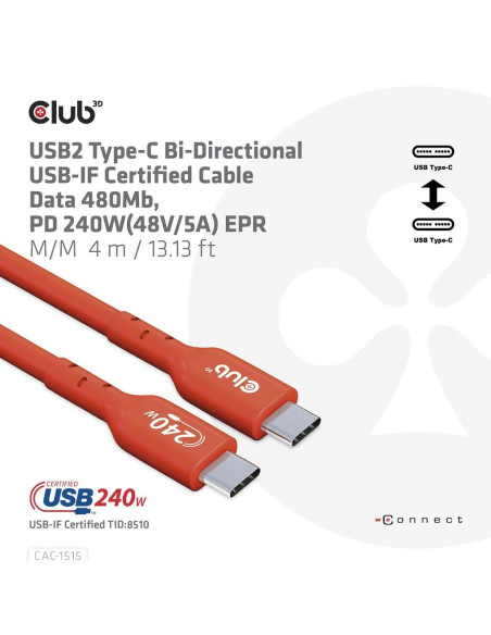 CABLE USB-C TO USB-C 4M/M/M CAC-1515 CLUB3D