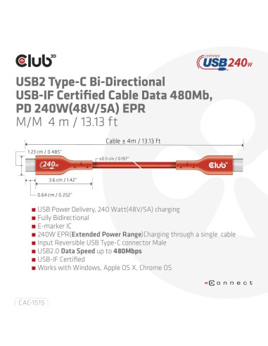 CABLE USB-C TO USB-C 4M/M/M CAC-1515 CLUB3D