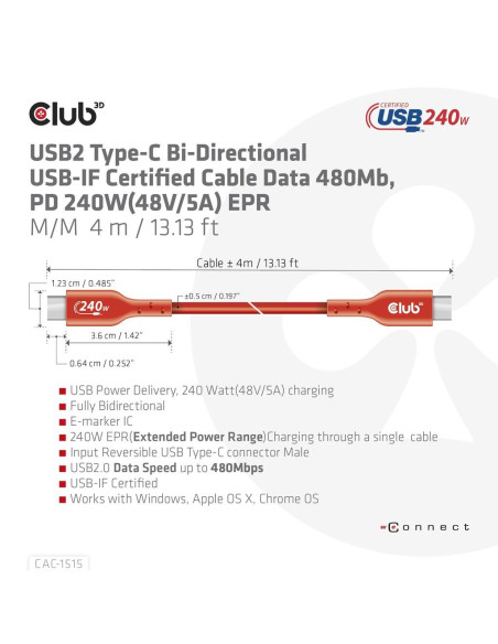 CABLE USB-C TO USB-C 4M/M/M CAC-1515 CLUB3D