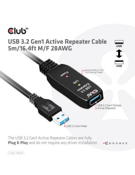 CABLE USB3.2 TO USB3.2 5M/M/F CAC-1404 CLUB3D
