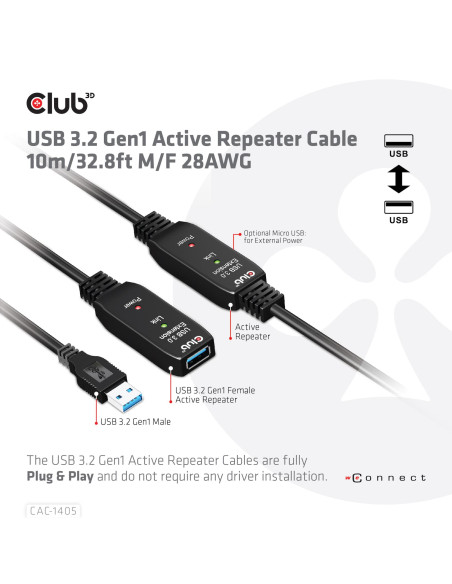 CABLE USB3.2 REPEATER 10M/M/F CAC-1405 CLUB3D
