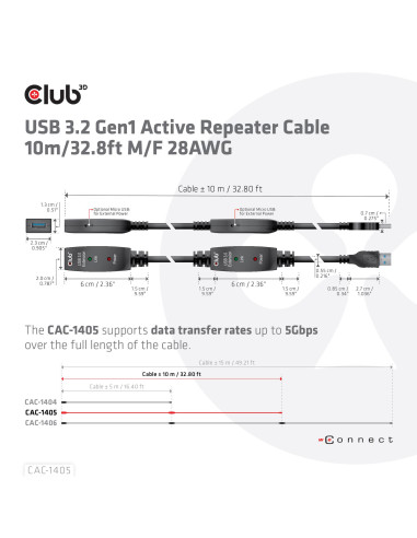 CABLE USB3.2 REPEATER 10M/M/F CAC-1405 CLUB3D
