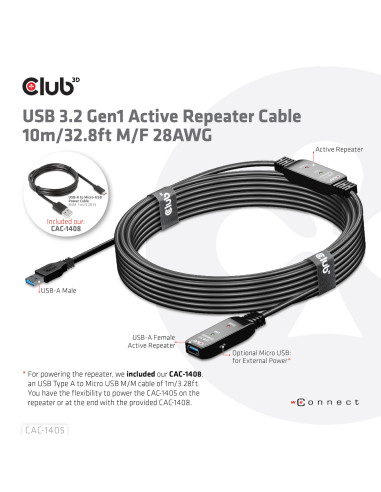 CABLE USB3.2 REPEATER 10M/M/F CAC-1405 CLUB3D