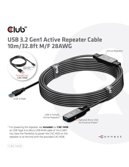CABLE USB3.2 REPEATER 10M/M/F CAC-1405 CLUB3D
