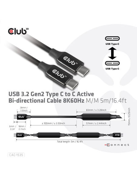 CABLE USB-C TO USB-C 5M/M/M CAC-1535 CLUB3D