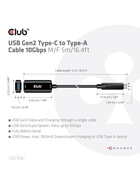 CABLE USB-C TO USB 5M/M/F CAC-1536 CLUB3D