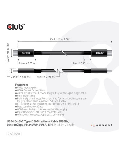CABLE USB-C BI-DIRECTIONAL 2M/M/M CAC-1578 CLUB3D