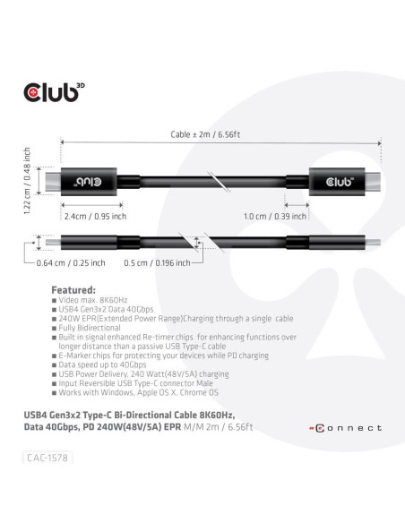 CABLE USB-C BI-DIRECTIONAL 2M/M/M CAC-1578 CLUB3D