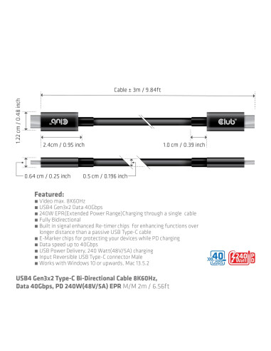 CABLE USB-C 3M/M/M CAC-1579 CLUB3D