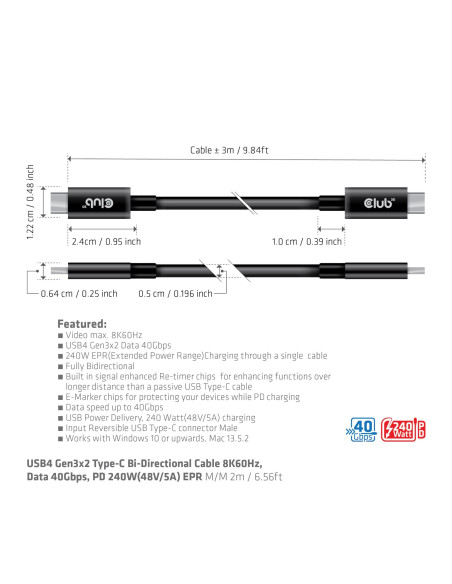 CABLE USB-C 3M/M/M CAC-1579 CLUB3D