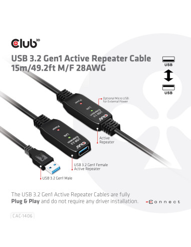 CABLE USB3.2 REPEATER 15M/M/F CAC-1406 CLUB3D