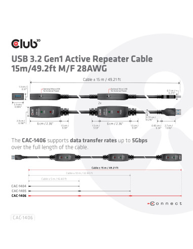 CABLE USB3.2 REPEATER 15M/M/F CAC-1406 CLUB3D
