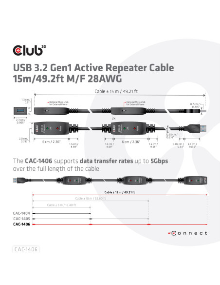 CABLE USB3.2 REPEATER 15M/M/F CAC-1406 CLUB3D