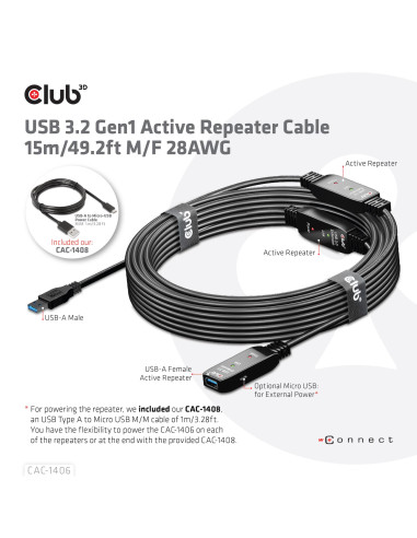 CABLE USB3.2 REPEATER 15M/M/F CAC-1406 CLUB3D
