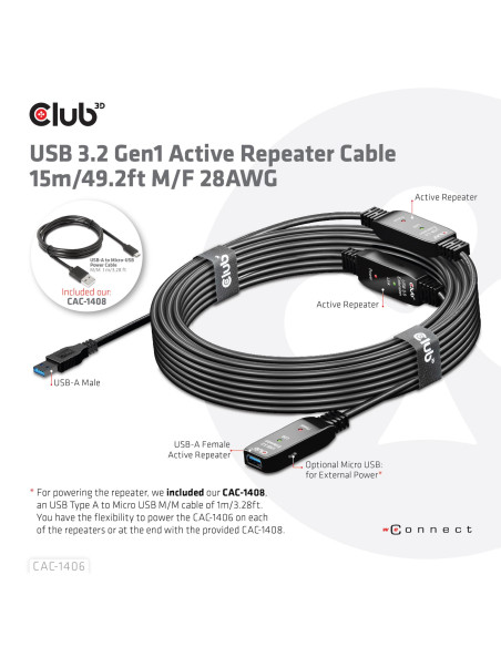 CABLE USB3.2 REPEATER 15M/M/F CAC-1406 CLUB3D