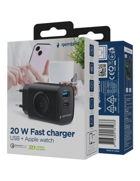 CHARGER USB 2IN1 20W 2PORT/TA-UC-PDQCW20-01-BK GEMBIRD