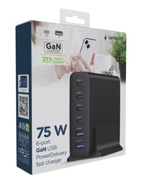 CHARGER USB UNIVERSAL 6P 75W/TA-UC-2A4C-PD75-01-BK GEMBIRD