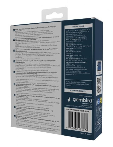 CHARGER USB UNIVERSAL 6P 75W/TA-UC-2A4C-PD75-01-BK GEMBIRD