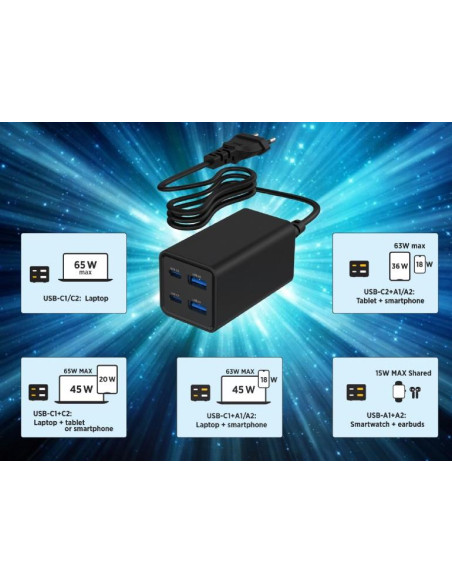 CHARGER USB UNIVERSAL 4P 65W/TA-UC-2A2C-PD65-01-BK GEMBIRD