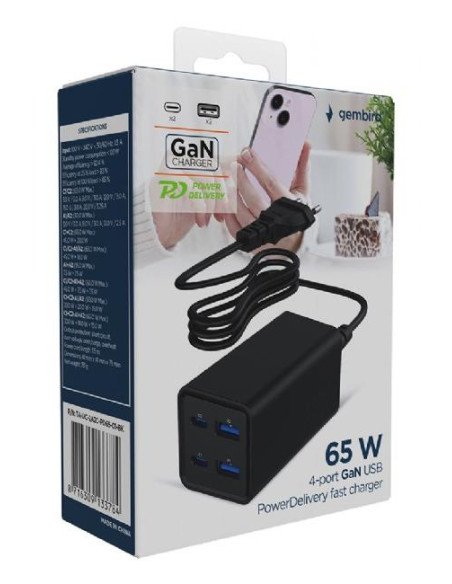CHARGER USB UNIVERSAL 4P 65W/TA-UC-2A2C-PD65-01-BK GEMBIRD