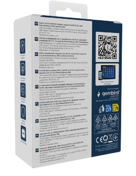 CHARGER USB UNIVERSAL 4P 65W/TA-UC-2A2C-PD65-01-BK GEMBIRD