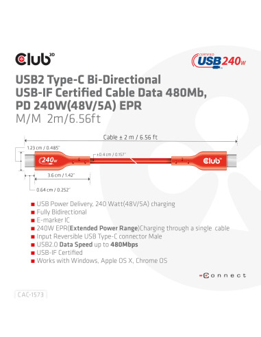 CABLE USB-C TO USB-C 2M/M/M CAC-1573 CLUB3D