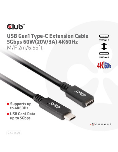 CABLE USB-C TO USB-C 2M/M/F CAC-1529 CLUB3D