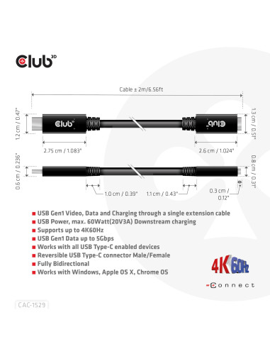CABLE USB-C TO USB-C 2M/M/F CAC-1529 CLUB3D