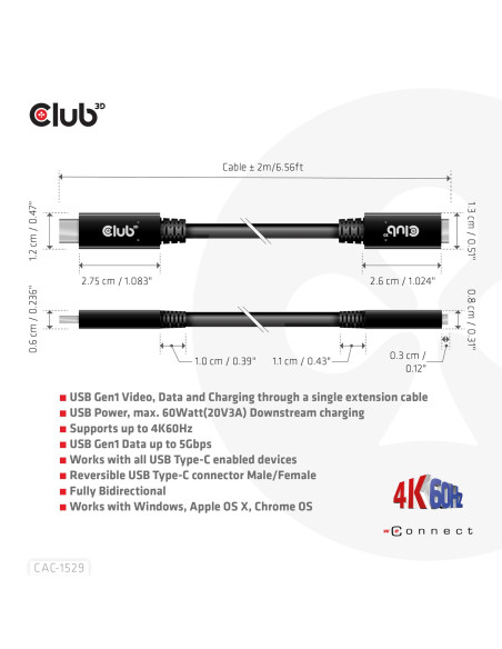 CABLE USB-C TO USB-C 2M/M/F CAC-1529 CLUB3D