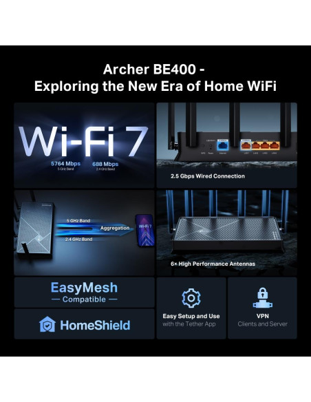 Wireless Router, TP-LINK, Archer BE400, Wi-Fi 7 (802.11be), Data speed 5764 Mbit/s, Ethernet WAN Yes, WAN connection type RJ-45
